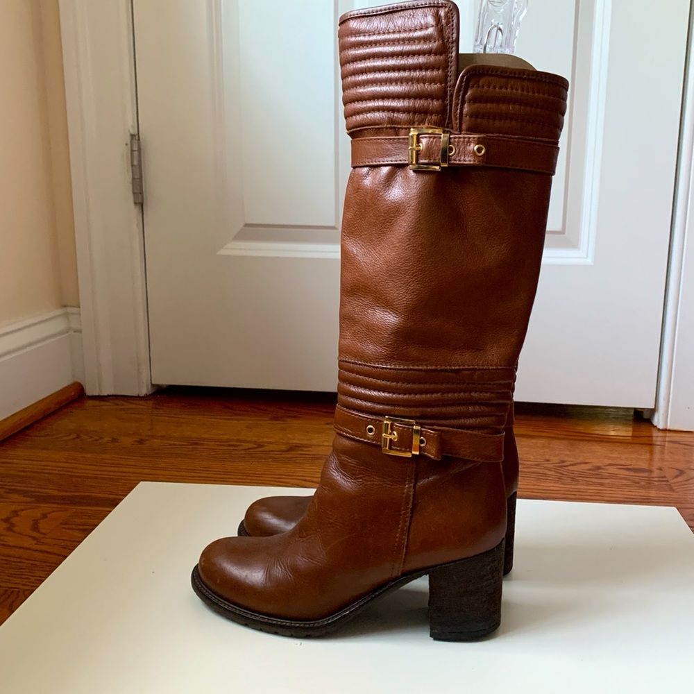 Tall brown leather women’s  boots with buckle detail- made in Italy